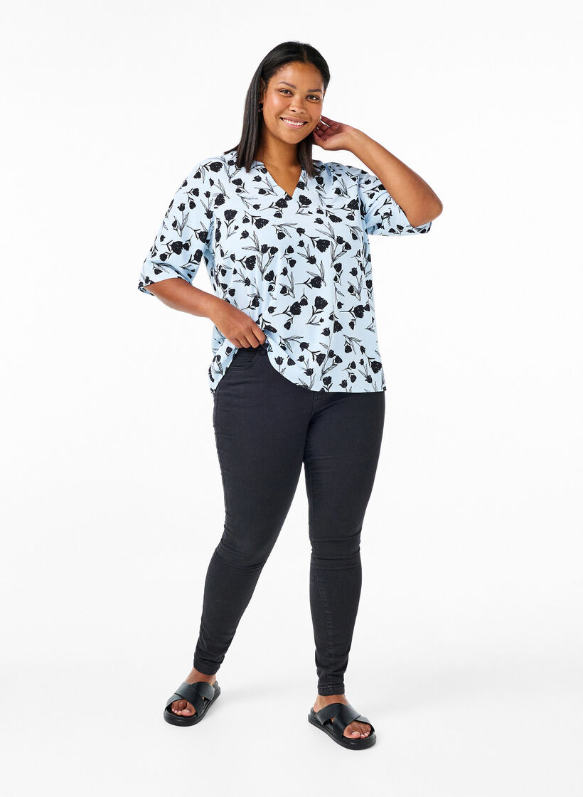 V-hals bluse med blomsterprint, Cashmere Blue Flower, Model image number 2