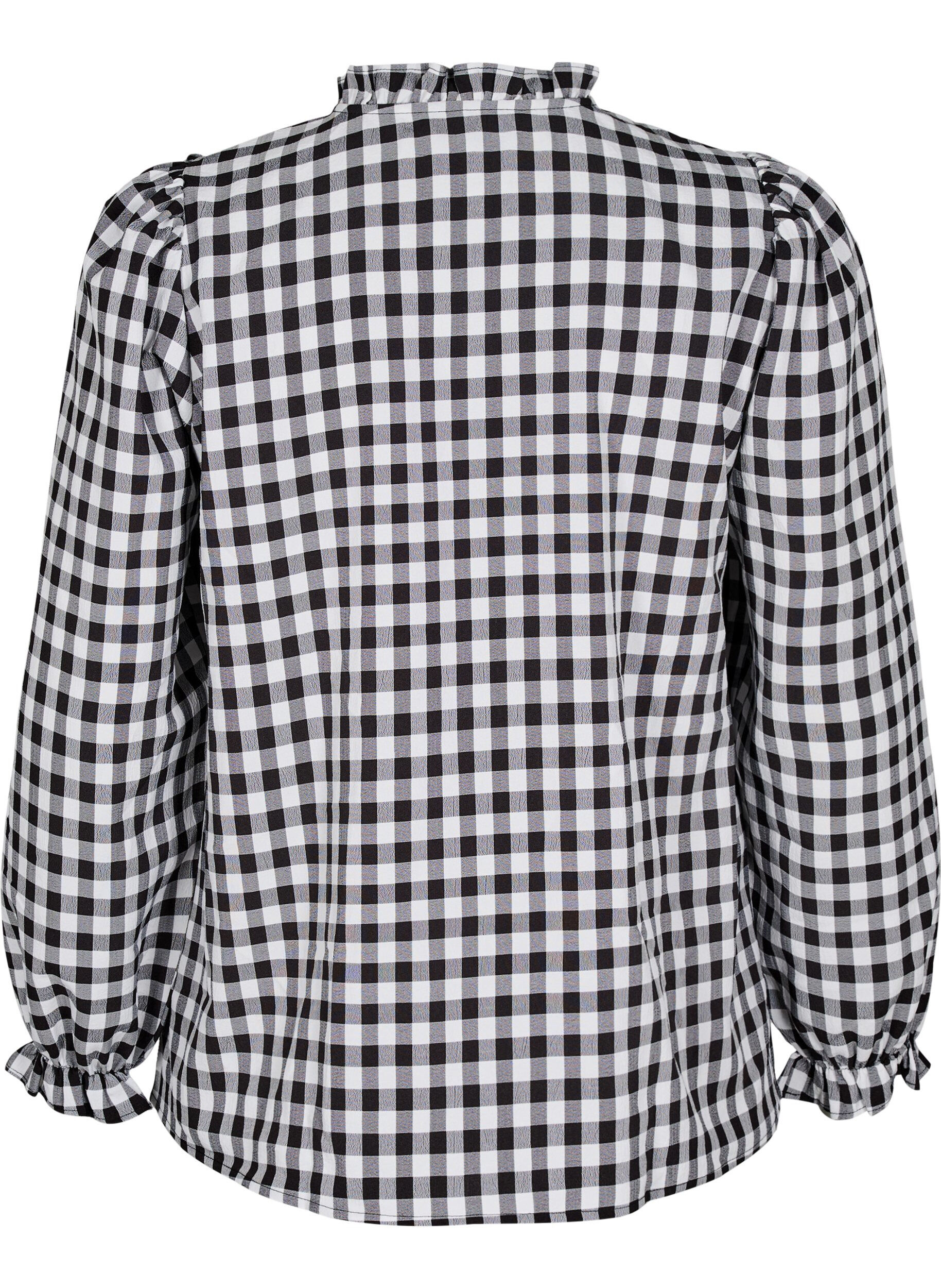 Zizzi Ternet skjortebluse med fl&aelig;sedetaljer, Black/W. Gingham, Packshot image number 1