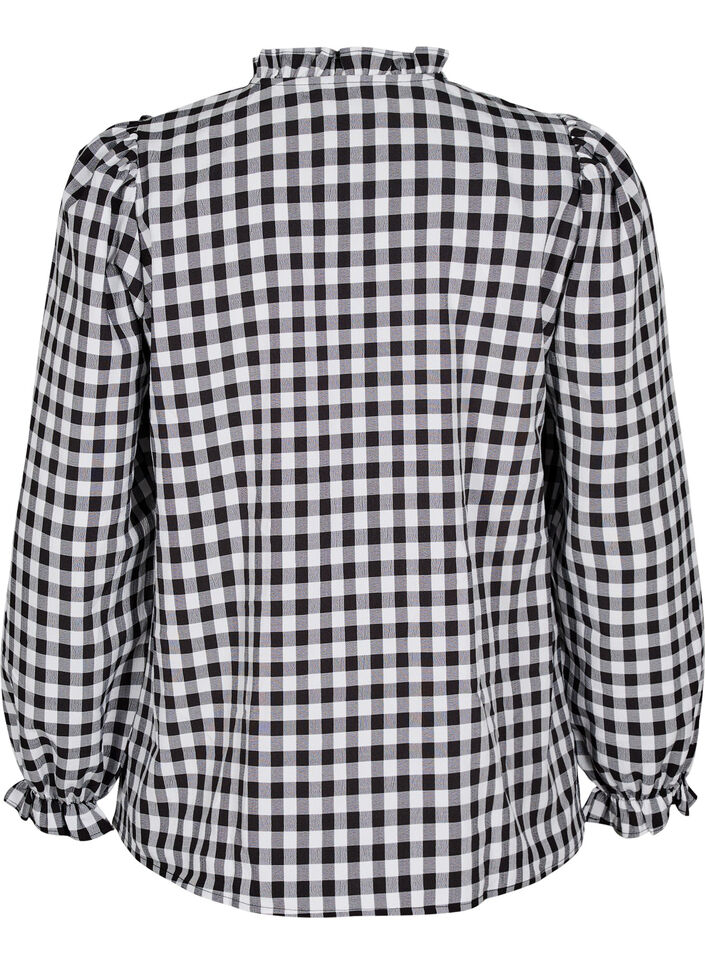 Ternet skjortebluse med flæsedetaljer, Black/W. Gingham, Packshot image number 1