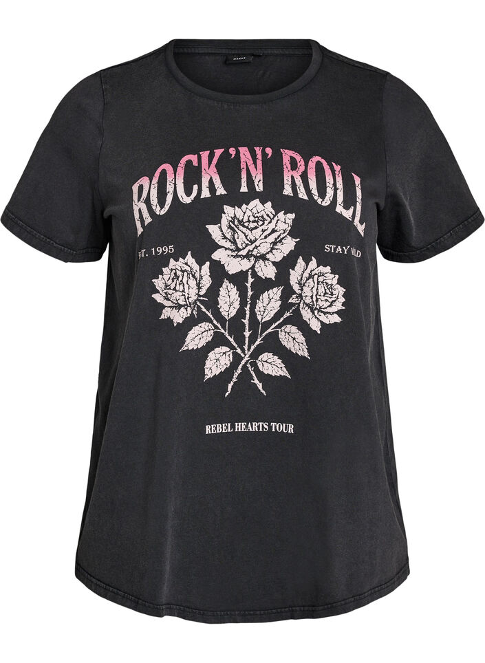 T-shirt i &oslash;kologisk bomuld med rockprint, Sort, Packshot image number 0