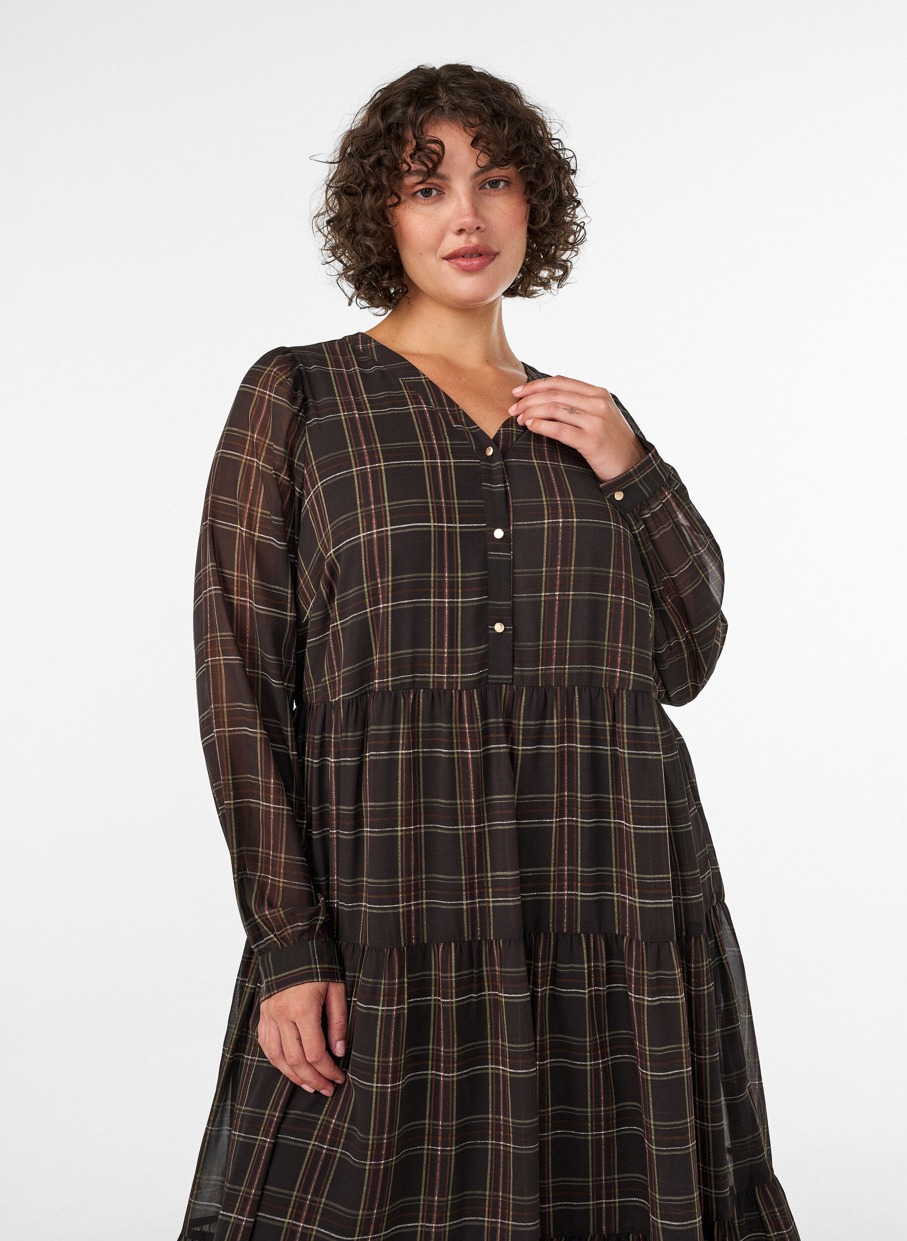 ZizziTernet midikjole med lagdelt sk&oslash;rt, Brun, Model image number 2