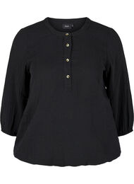 Bomulds bluse med knapper og 3/4 ærmer, Black
