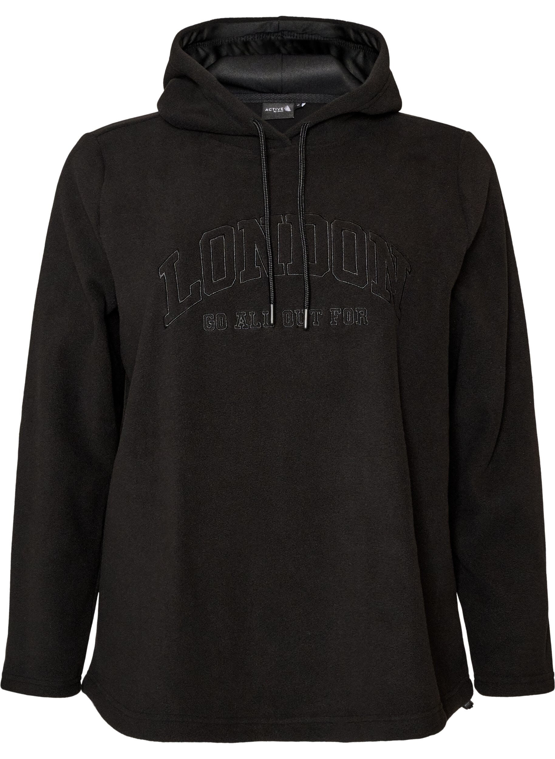 ZizziFleecehoodie med h&oslash;j hals og broderet tekst, Sort, Packshot image number 0