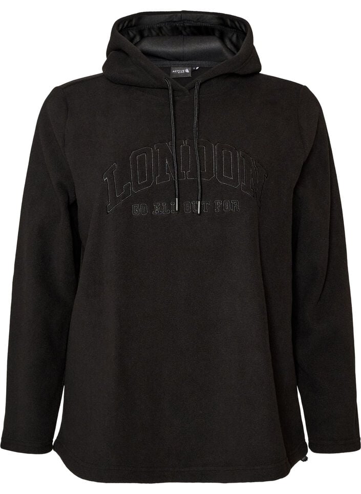 Fleecehoodie med h&oslash;j hals og broderet tekst, Sort, Packshot image number 0