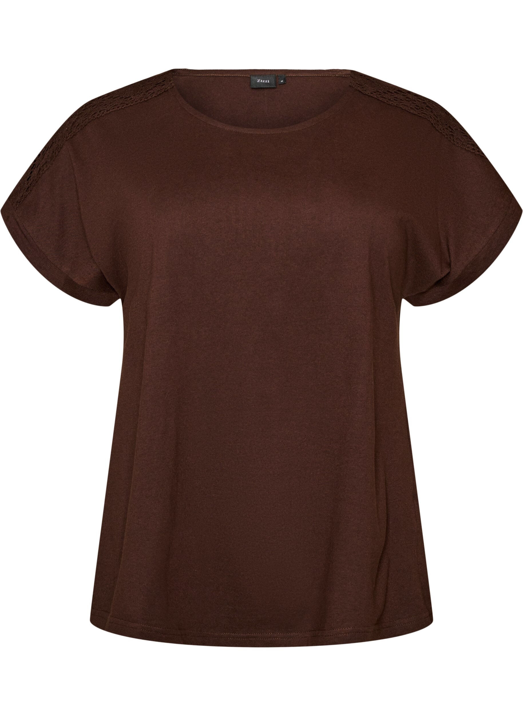 ZizziT-shirt i bomuld med crochetdetalje, Brun, Packshot image number 0