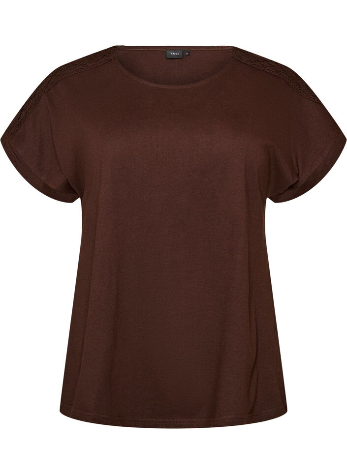 T-shirt i bomuld med crochetdetalje, Brun, Packshot image number 0