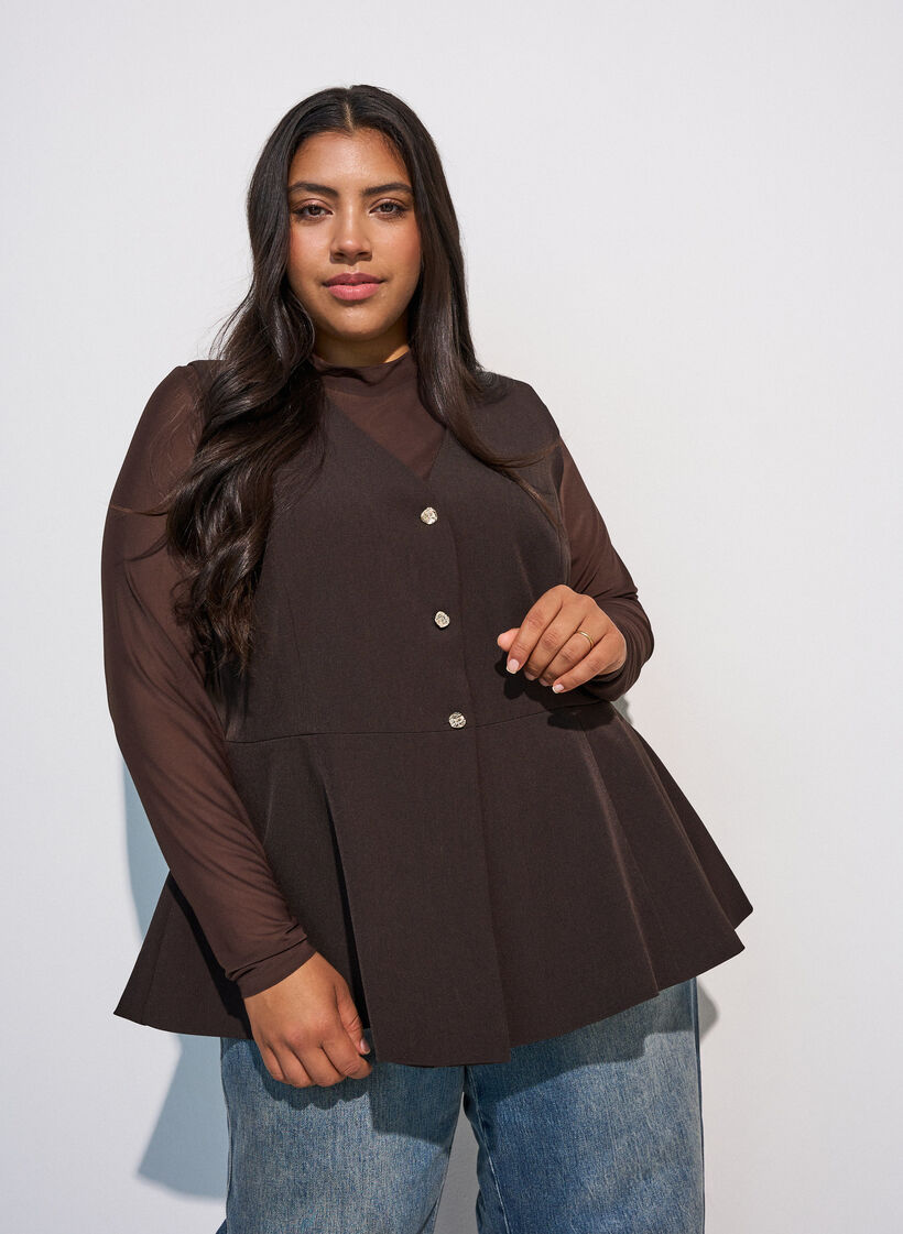 T&aelig;tsiddende meshbluse med lange &aelig;rmer, Brun, Model image number 0