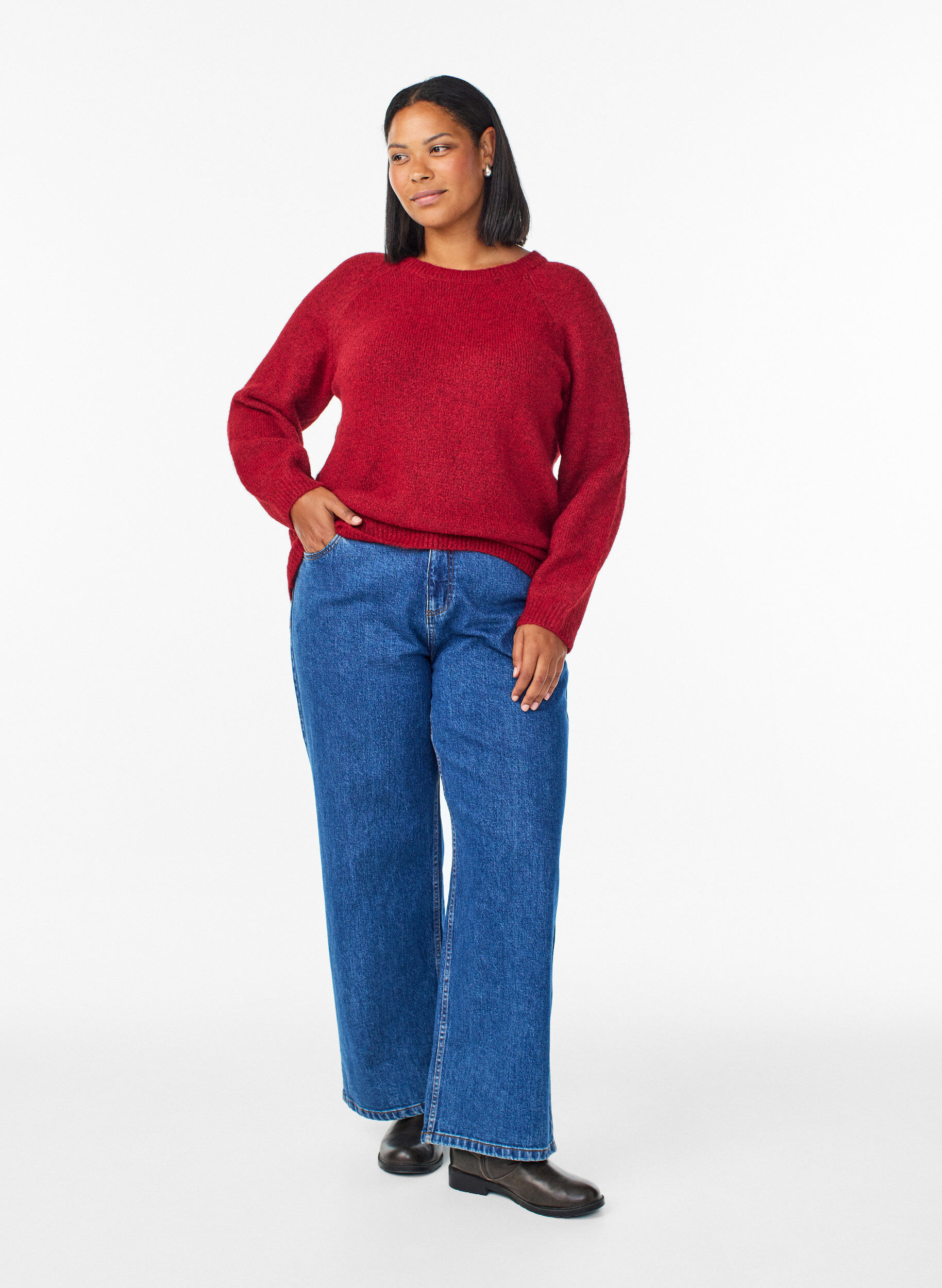 Zizzi Strikbluse med raglan&aelig;rmer, R&oslash;d, Model image number 1