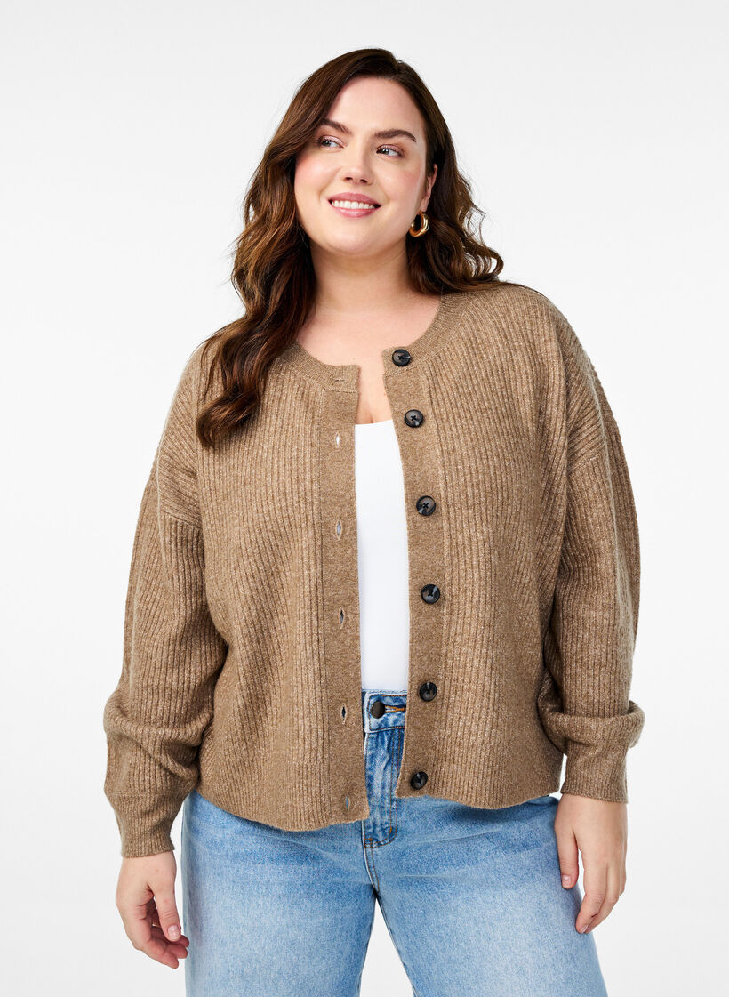 Ribstrikket cardigan med knapper, Brun, Model image number 0