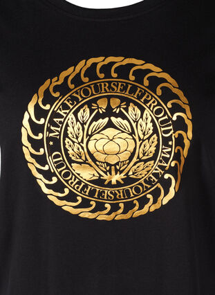 Bomulds t-shirt med guldfarvet tryk, Black, Packshot image number 2