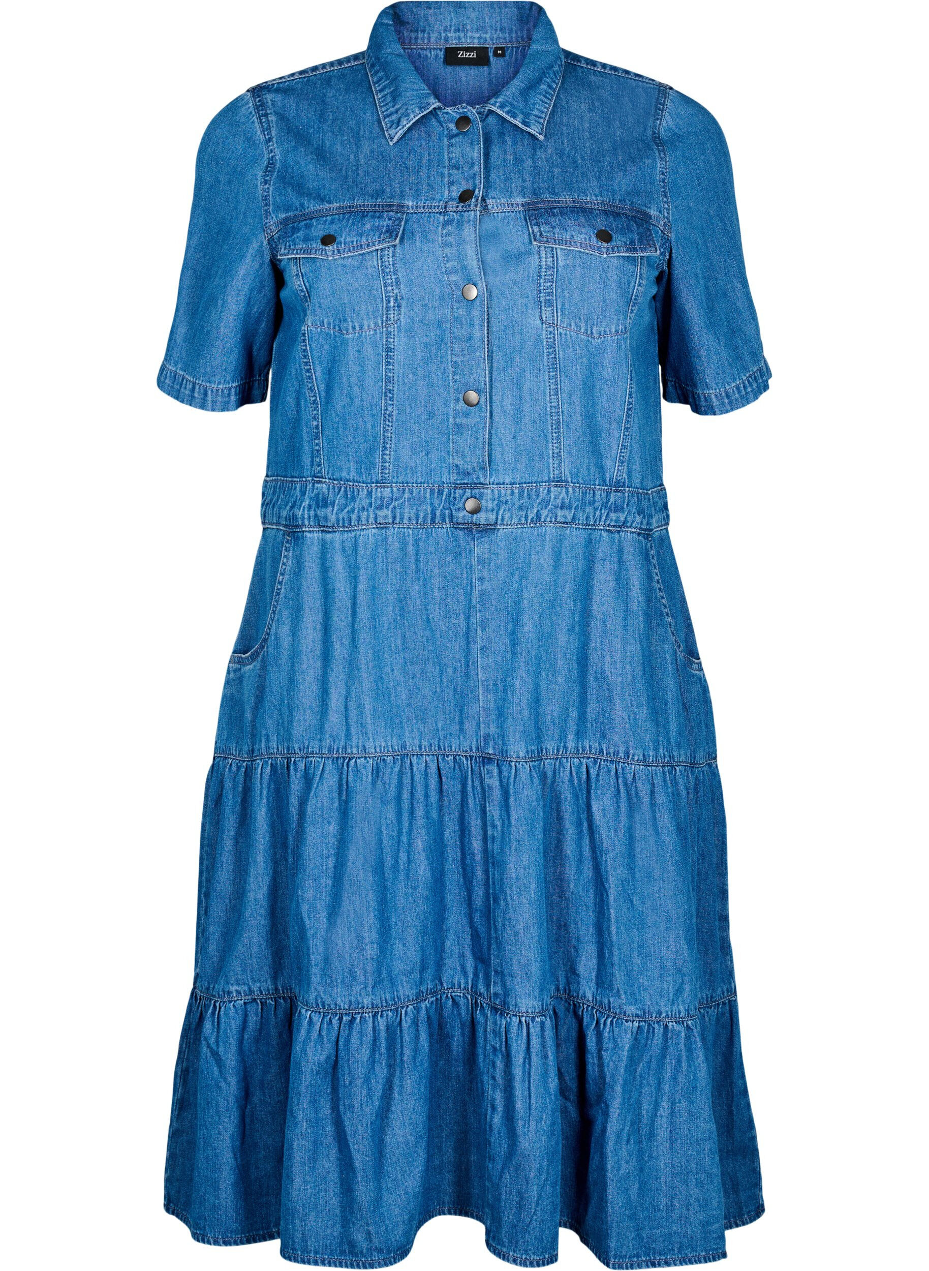 ZizziMidilang denimkjole med knapper og korte &aelig;rmer, Bl&aring;, Packshot image number 0