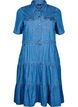 Midilang denimkjole med knapper og korte &aelig;rmer, Bl&aring;, Packshot image number 0