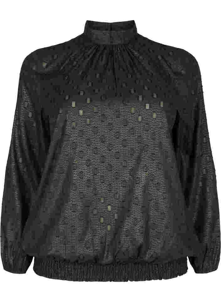 Mønstret bluse med lange ærmer og smock, Black, Packshot image number 0