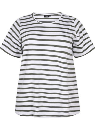 Stribet t-shirt i økologisk bomuld, Thyme Stripe, Packshot image number 0