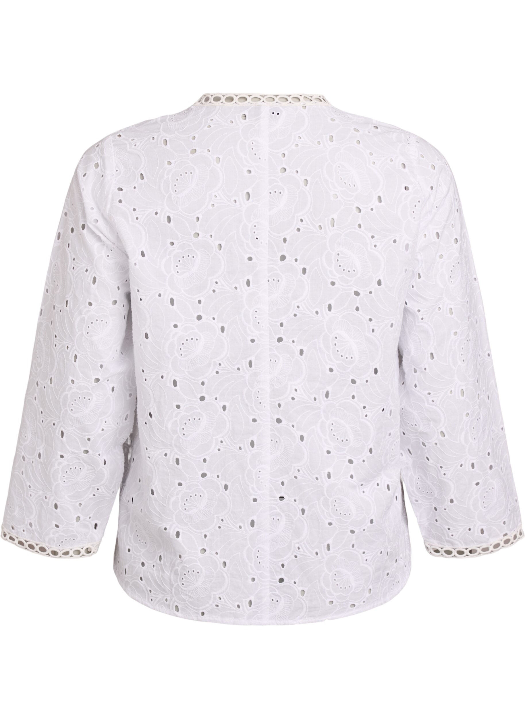 Zizzi Lang&aelig;rmet bluse i bomuld med broderie anglaise, Hvid, Packshot image number 1