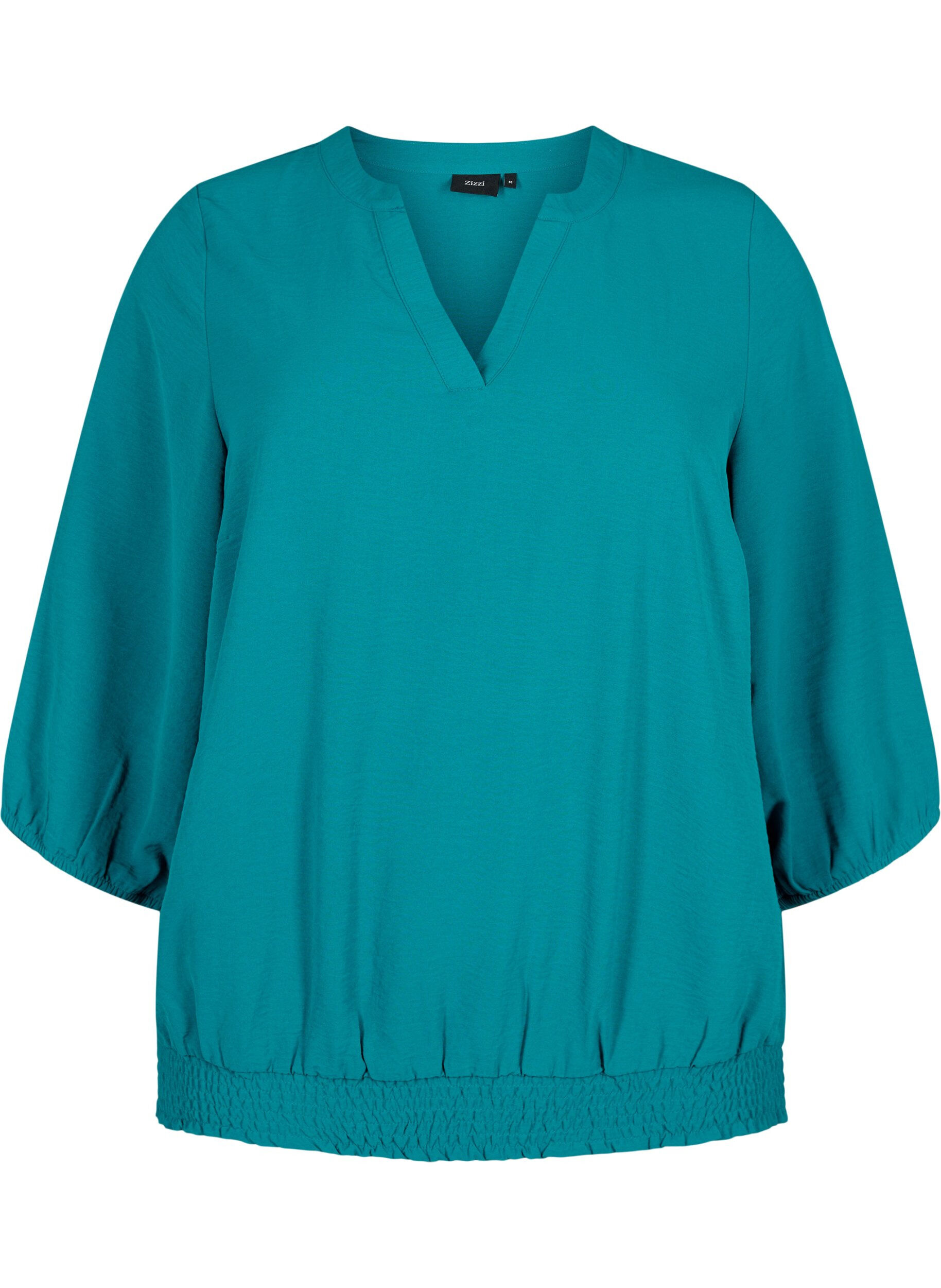 Zizzi Bluse med smock og 3/4 &aelig;rmer, Deep Lake, Packshot image number 0