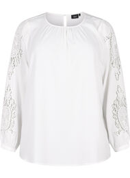 Langærmet bluse med crochet detaljer, Bright White