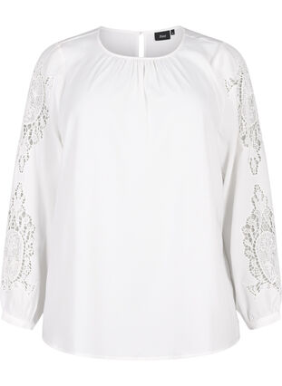 Langærmet bluse med crochet detaljer, Bright White, Packshot image number 0