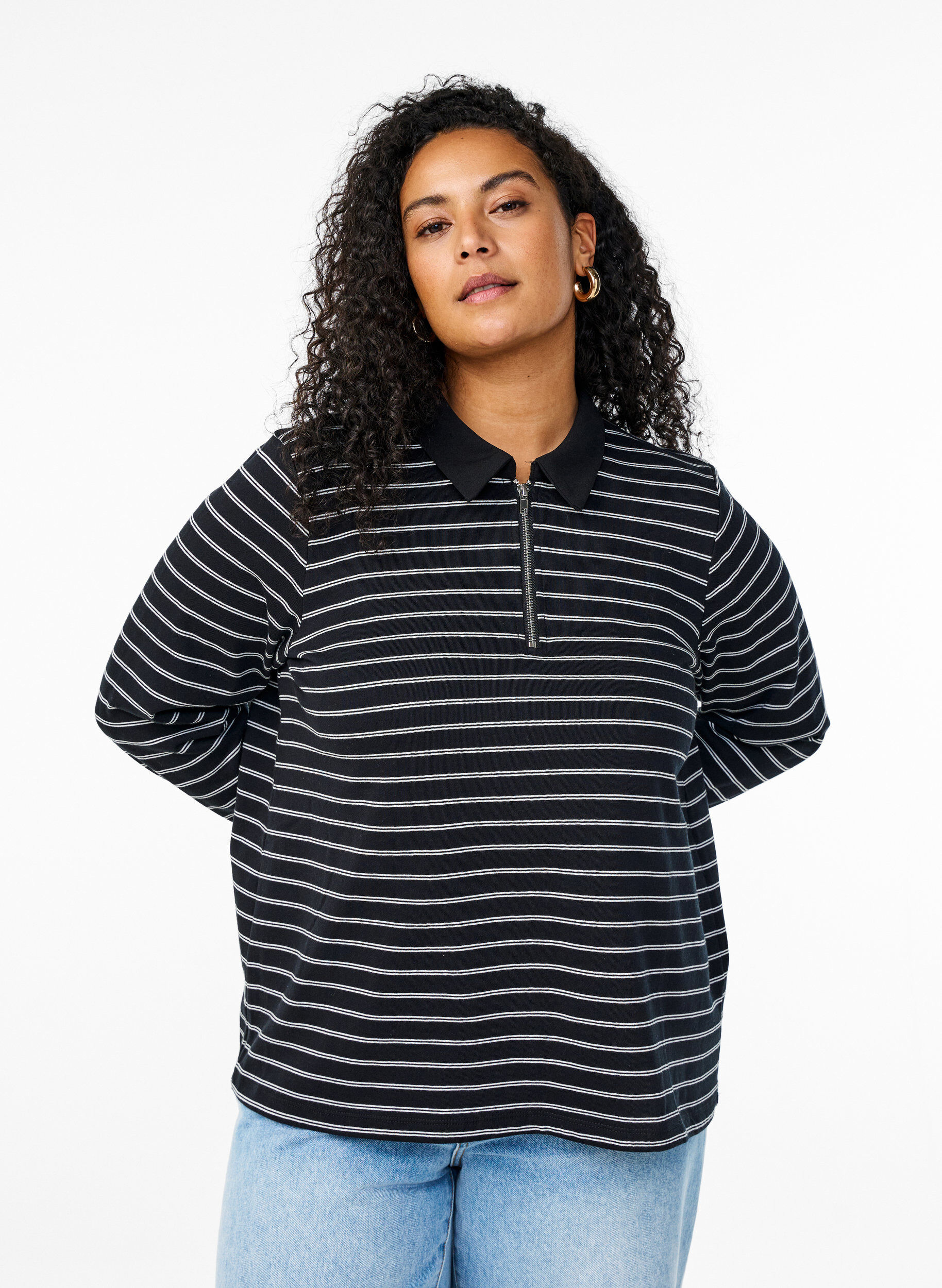 Zizzi Stribet poloshirt med lynl&aring;s, Sort, Model image number 0