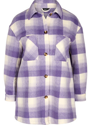 Ternet skjortejakke med knapper og lommer, Purple Check, Packshot image number 0