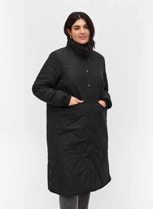 Lang quiltet jakke med høj krave og lommer, Black, Model image number 0