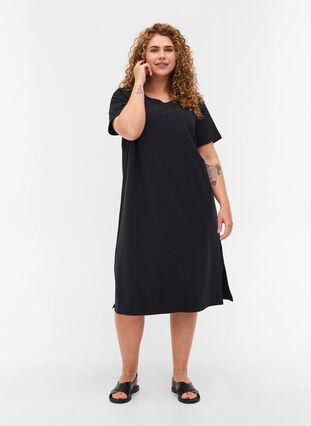 Kortærmet kjole i bomuld med slids, Black, Model image number 2