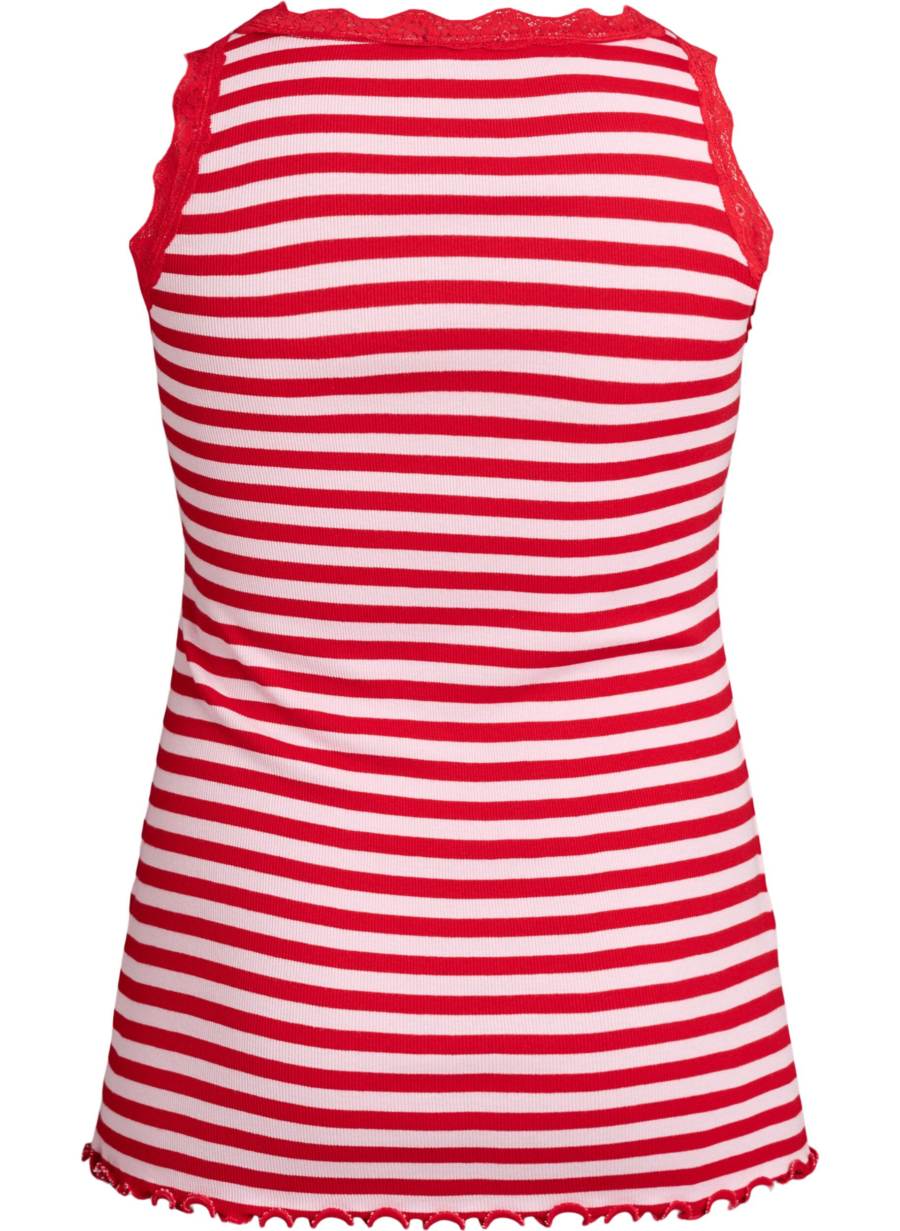 Zizzi Stribet top med ribstruktur og blondekant, Lyser&oslash;d, Packshot image number 1