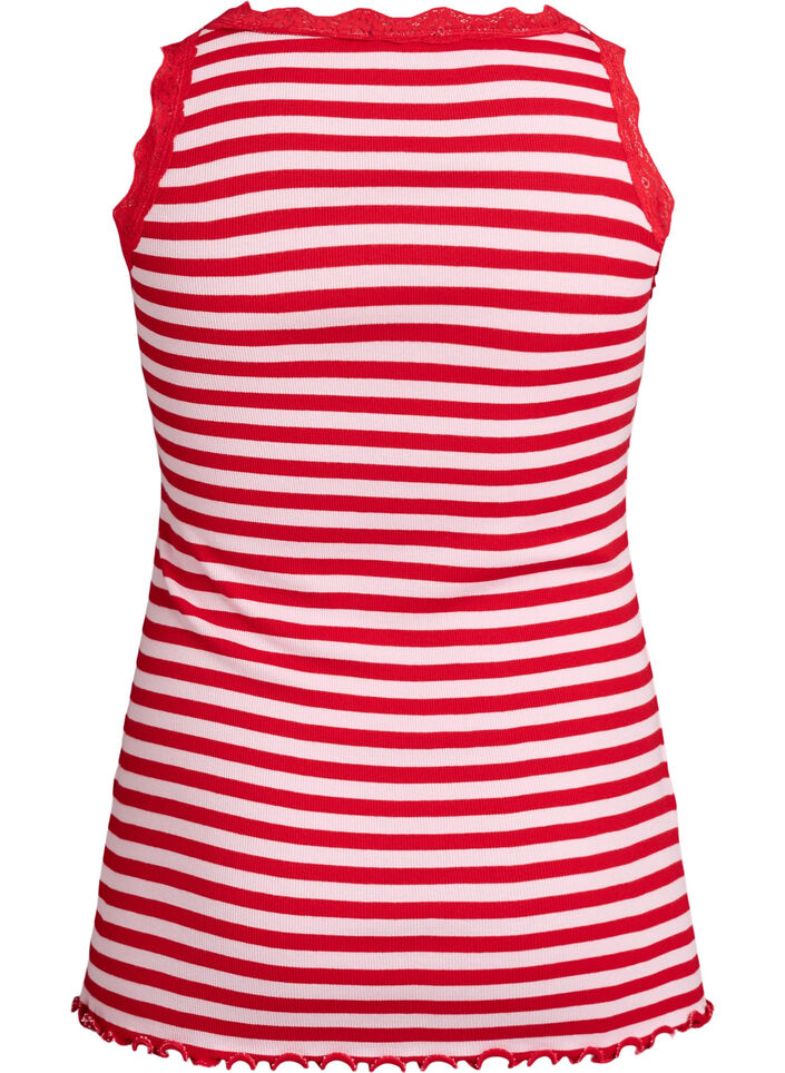 Stribet top med ribstruktur og blondekant, Lyser&oslash;d, Packshot image number 1