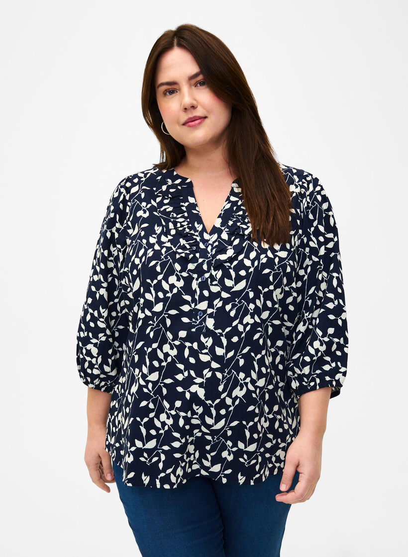 3/4 &aelig;rmet bluse i bomuld med print, Navy Blazer Leaf, Model image number 0