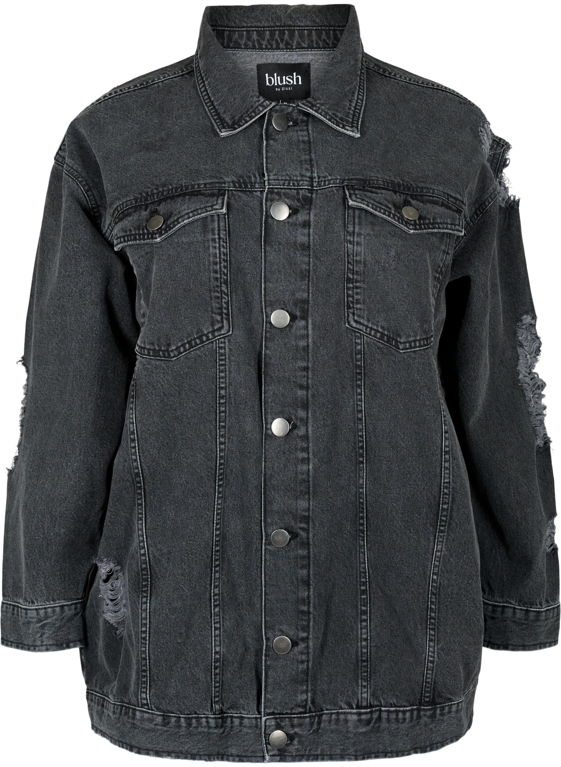 Zizzi L&oslash;stsiddende denimjakke med sliddetaljer, Dark Grey Denim, Packshot image number 0
