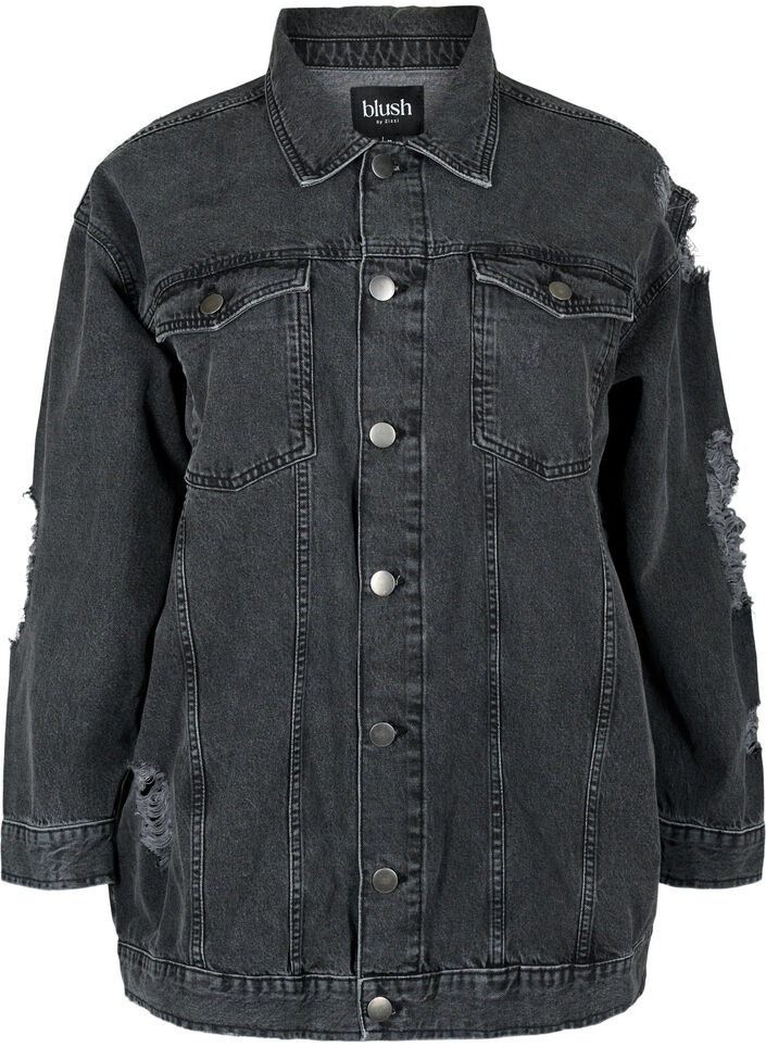 Løstsiddende denimjakke med sliddetaljer, Dark Grey Denim, Packshot image number 0