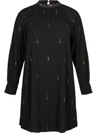 Langærmet kjole med perler og smock, Black