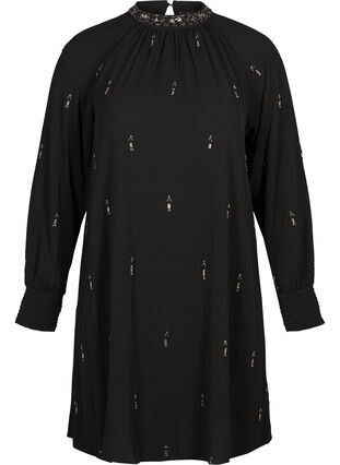 Langærmet kjole med perler og smock, Black, Packshot image number 0