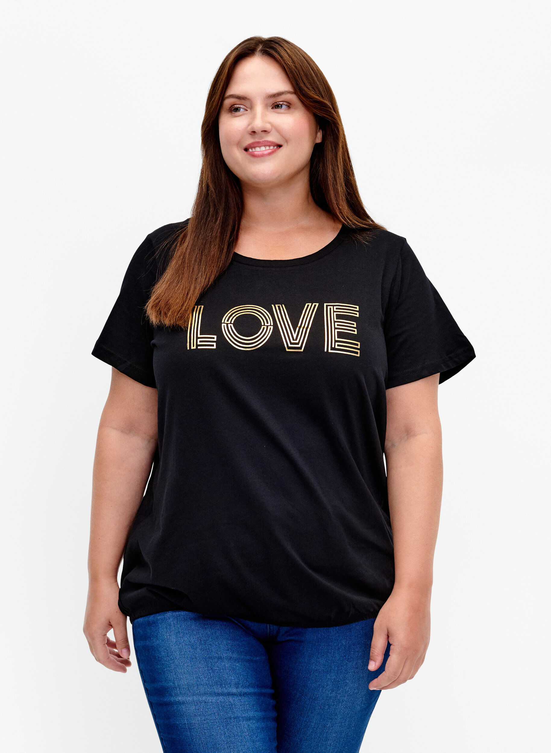 Zizzi Bomulds t-shirt med folieprint, Black W. Love, Model image number 0