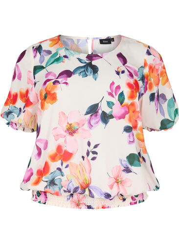 Blomstret bluse med smock, Buttercream Flower , Packshot image number 0