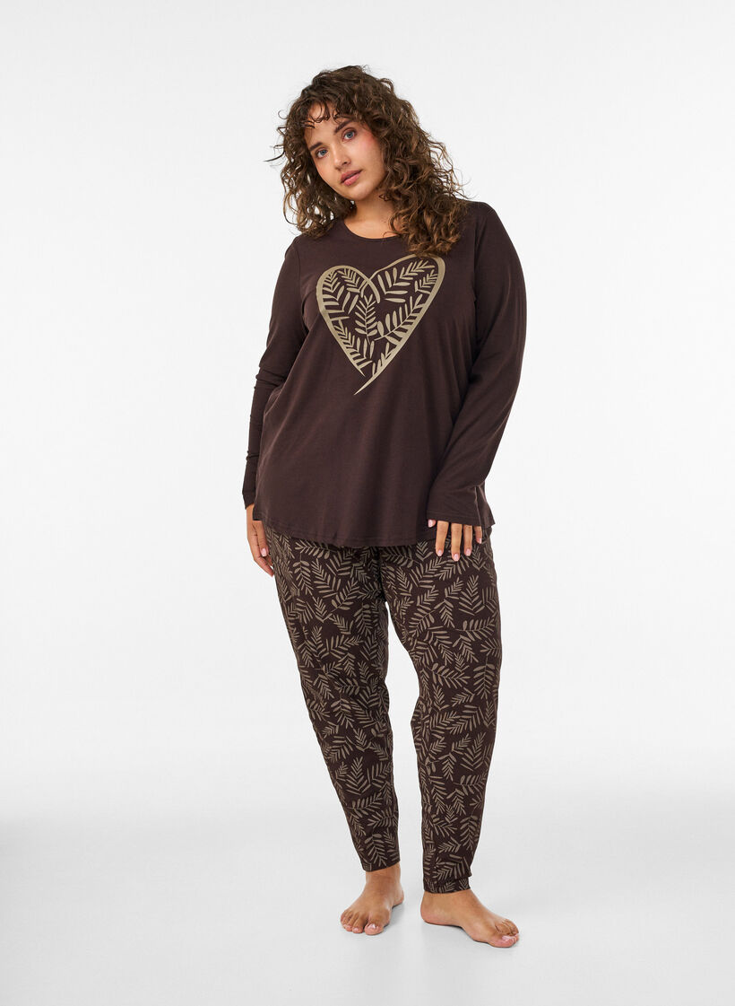 Natbluse i bomuld med hjerteprint, Brun, Model image number 1