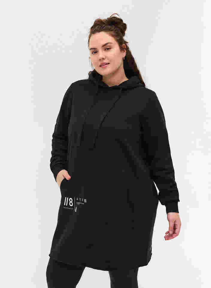 Sweatkjole med hætte og lomme, Black, Model image number 0