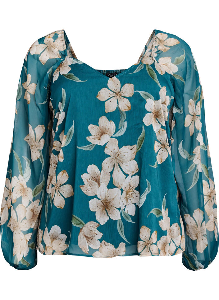 Chiffonbluse med blomster og lange ærmer , Grøn, Packshot image number 0