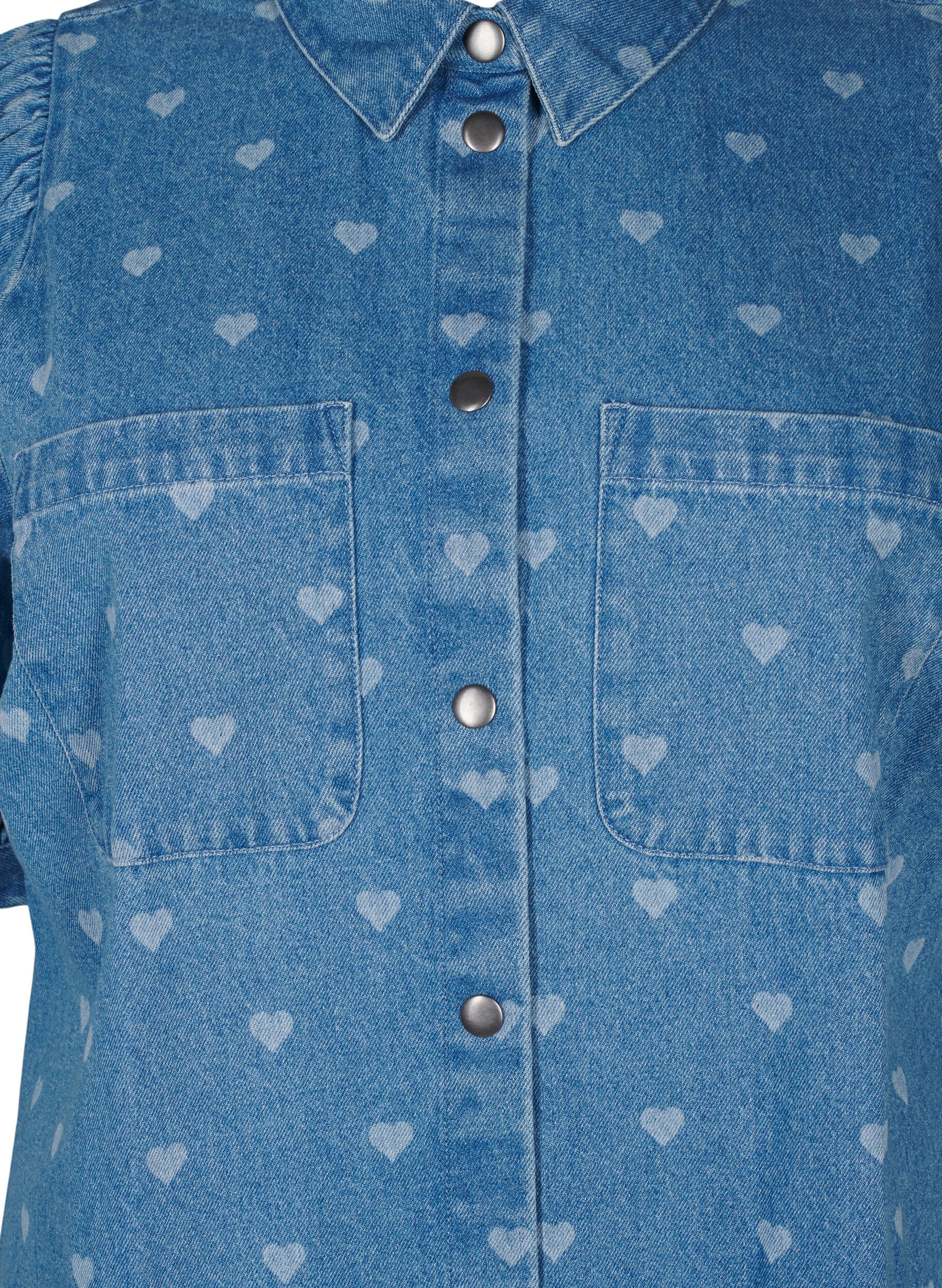 Zizzi Kort&aelig;rmet denimkjole med hjerteprint, L. Blue D. w. Heart, Packshot image number 2
