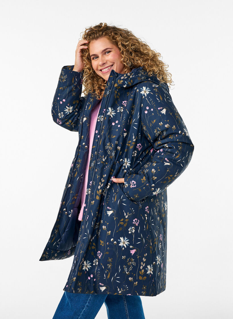 Vatteret vinterjakke med blomsterprint, Bl&aring;, Model image number 0