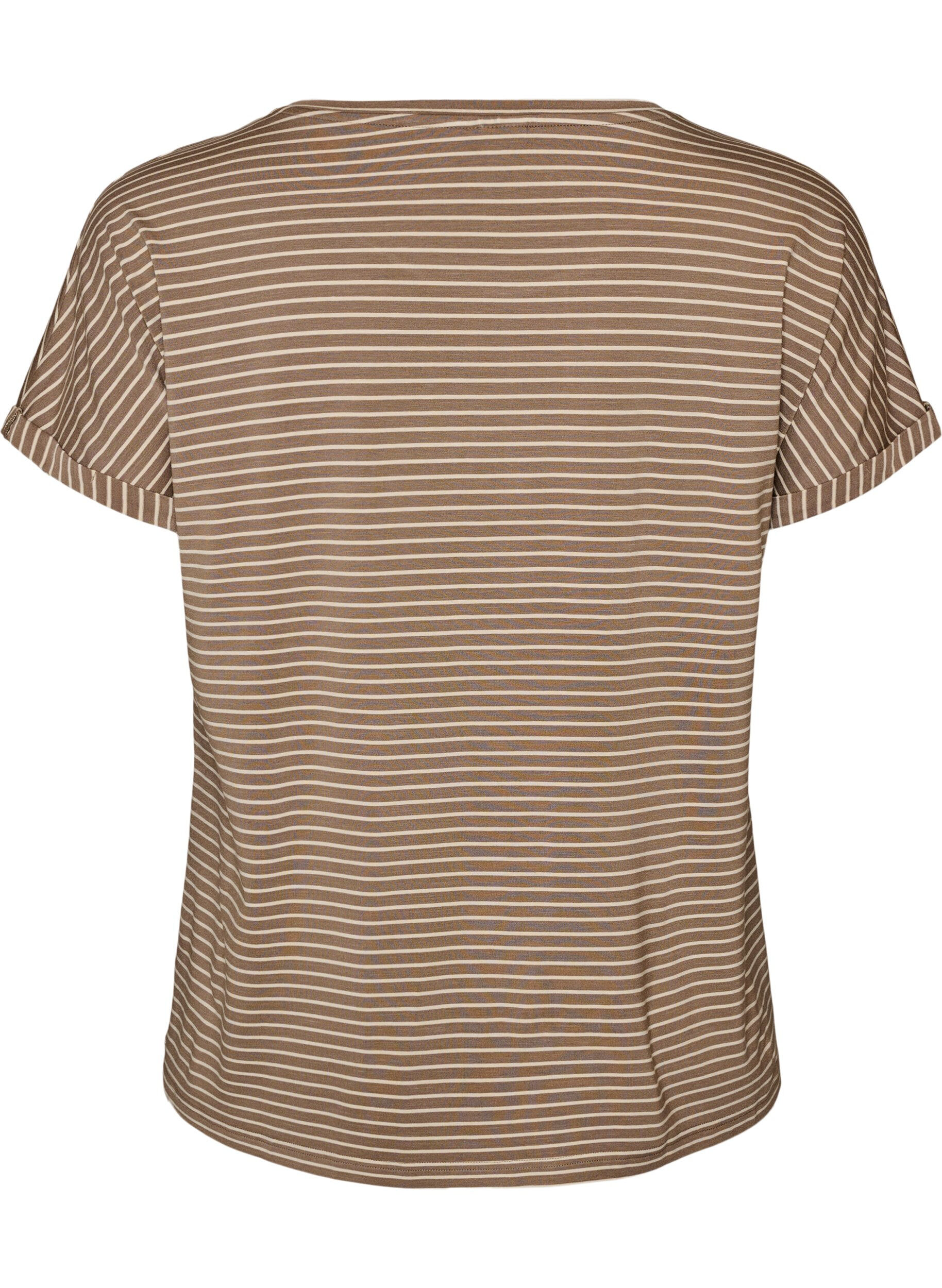 ZizziStribet T-shirt i viskose med rund hals, Beige, Packshot image number 1