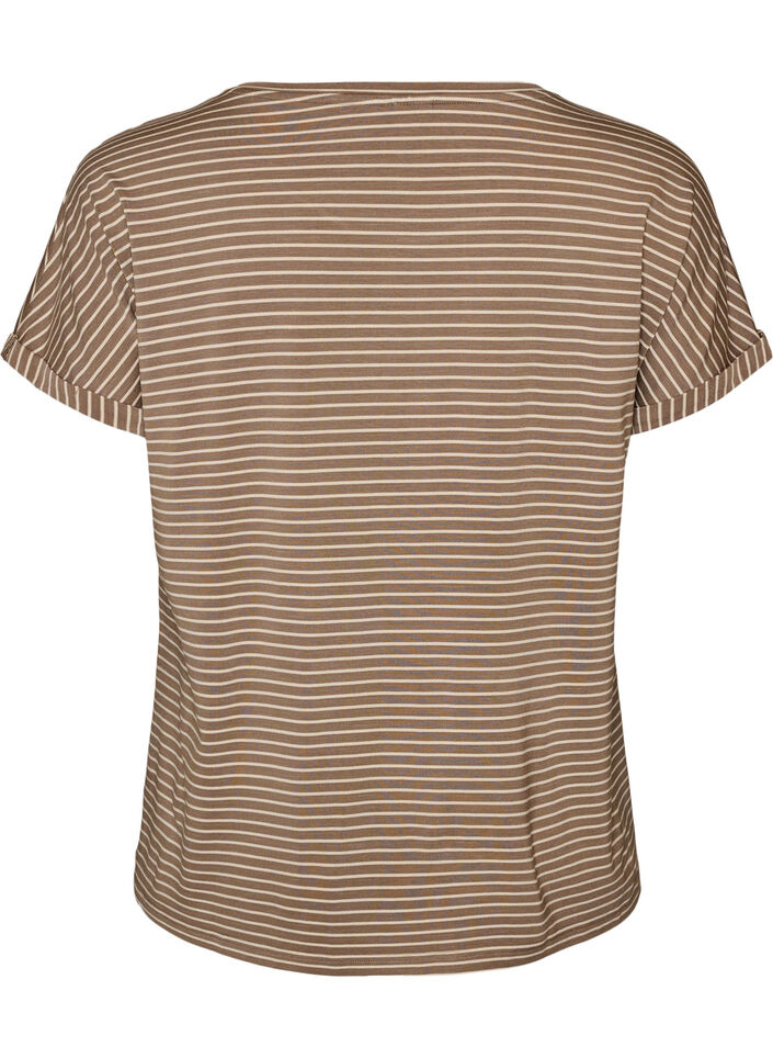 Stribet T-shirt i viskose med rund hals, Beige, Packshot image number 1