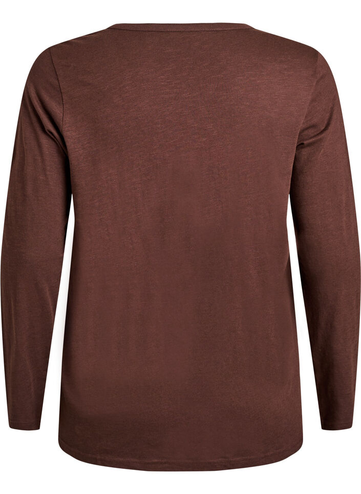 Lang&aelig;rmet t-shirt med V-hals og knapper, Brun, Packshot image number 1