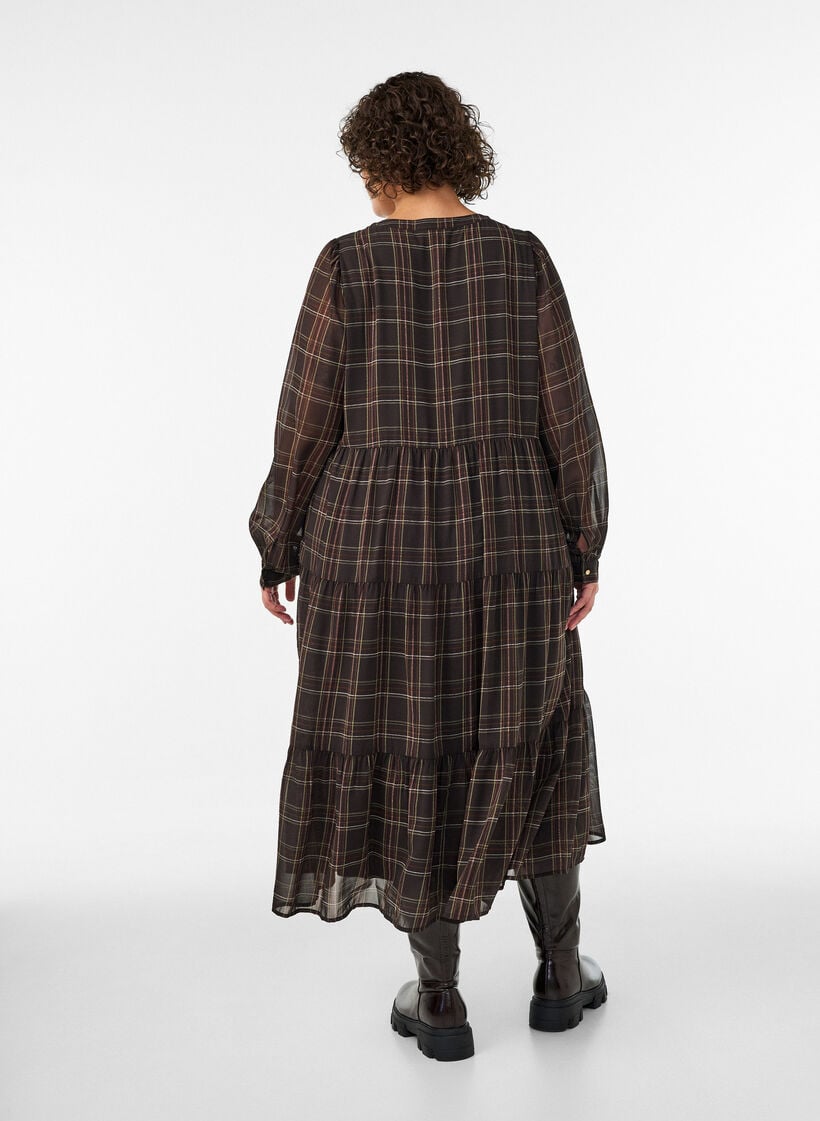 Ternet midikjole med lagdelt sk&oslash;rt, Brun, Model image number 1