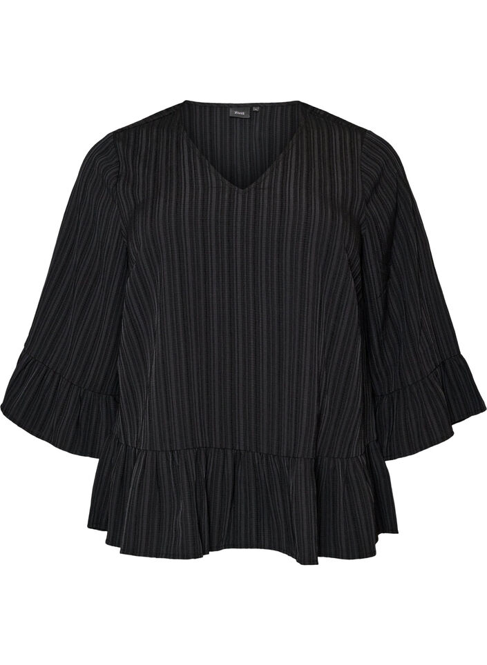 Bluse med struktur, V-hals og fl&aelig;ser, Sort, Packshot image number 0