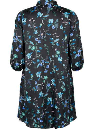 Skjortekjole med 3/4 ærmer og blomsterprint, Blue Flower AOP, Packshot image number 1