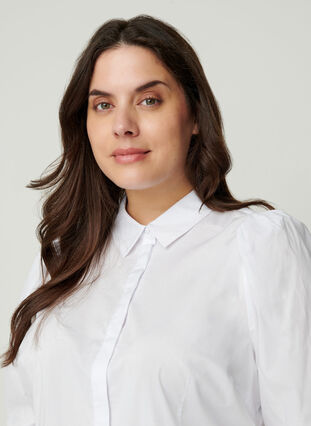 Bomulds skjorte med pufærmer, Bright White, Model image number 2
