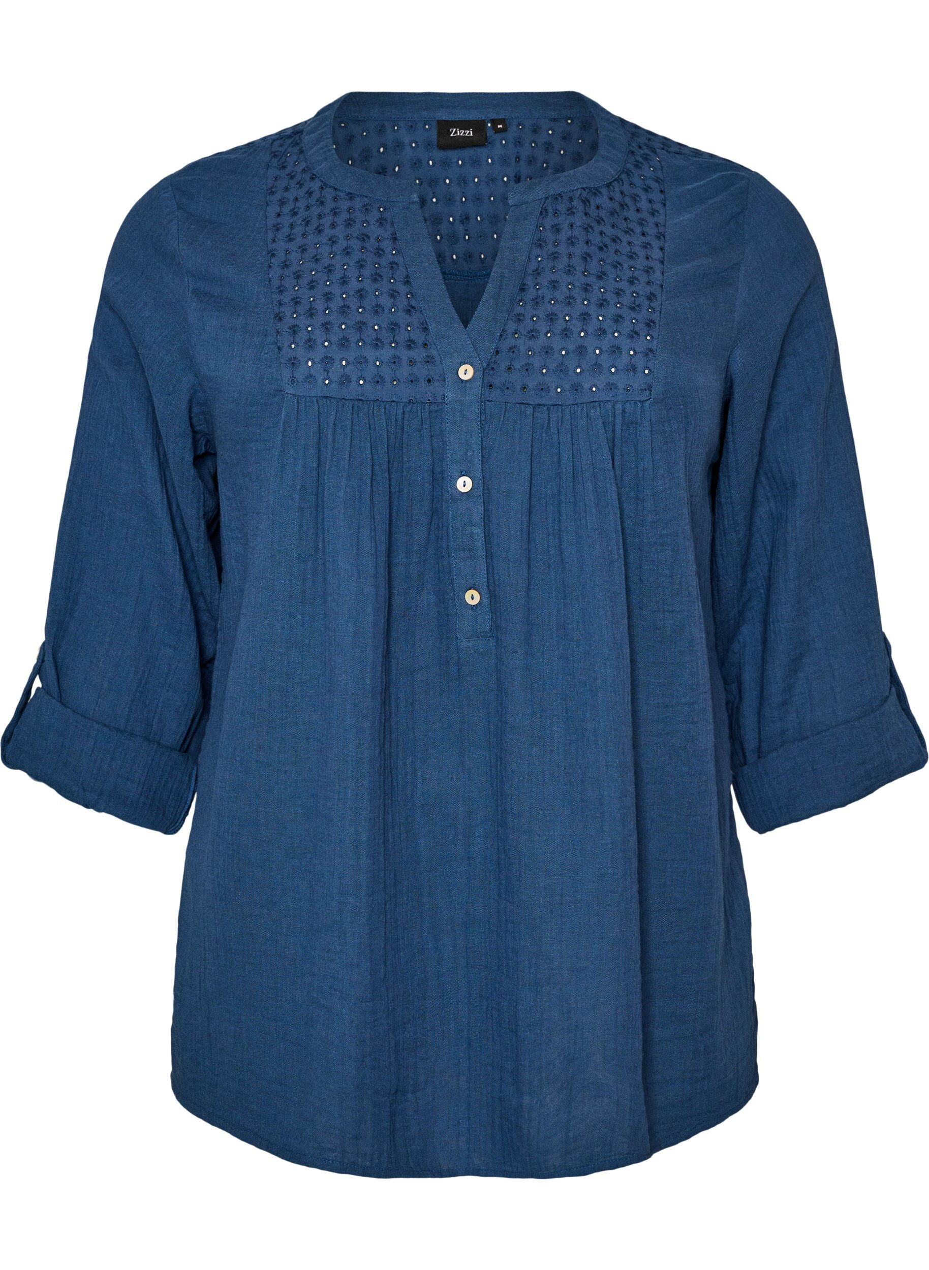 ZizziBluse i bomuldsmusselin med broderi anglaise, Bl&aring;, Packshot image number 0