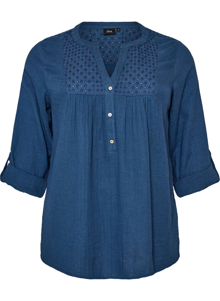 Bluse i bomuldsmusselin med broderi anglaise, Bl&aring;, Packshot image number 0