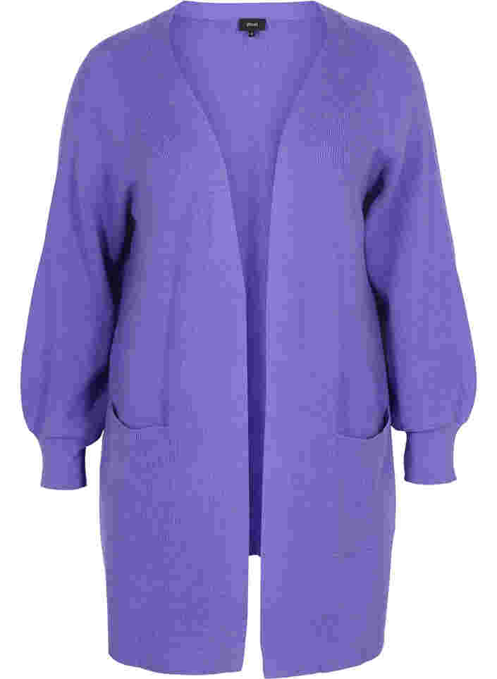 Lang strikket cardigan med ballonærmer, Purple Opulence, Packshot image number 0